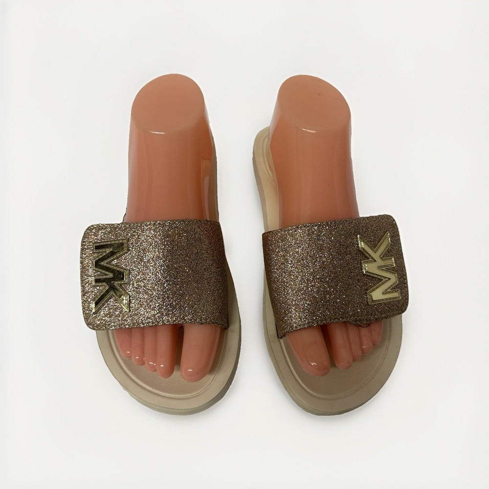 Michael Kors Sandals Womens 8M Rose Gold Glitter Sparkly MK Logo Slides